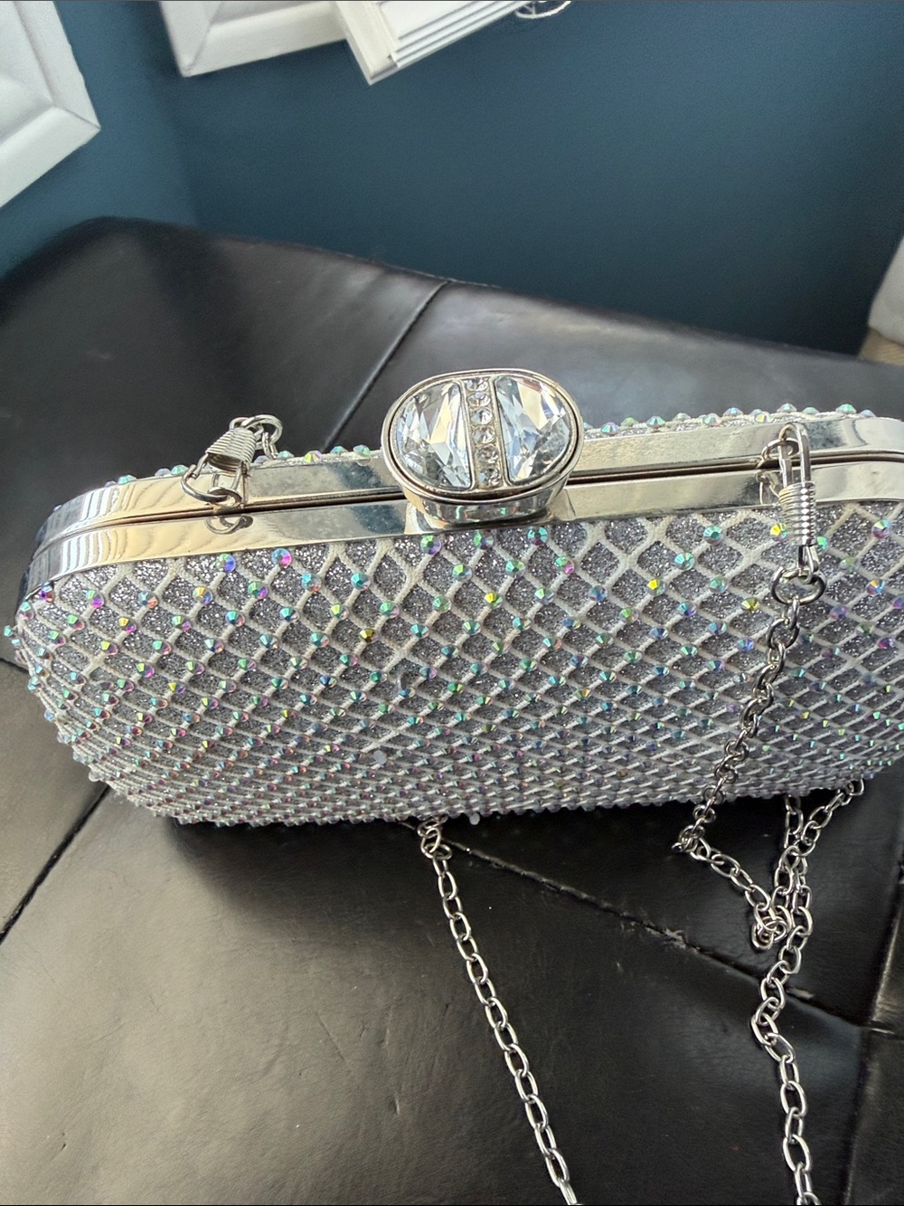 Crystal-Embellished Silver Mini Evening Bag